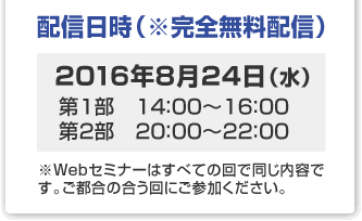 2016年8月24日（水）第1部　14：00～16：00　　第2部　20：00～22：00