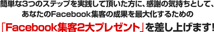 簡単な３つのステップを実践して頂いた方に、感謝の気持ちとして、 あなたのFacebook集客の成果を最大化するための 「Facebook集客２大プレゼント」を差し上げます！